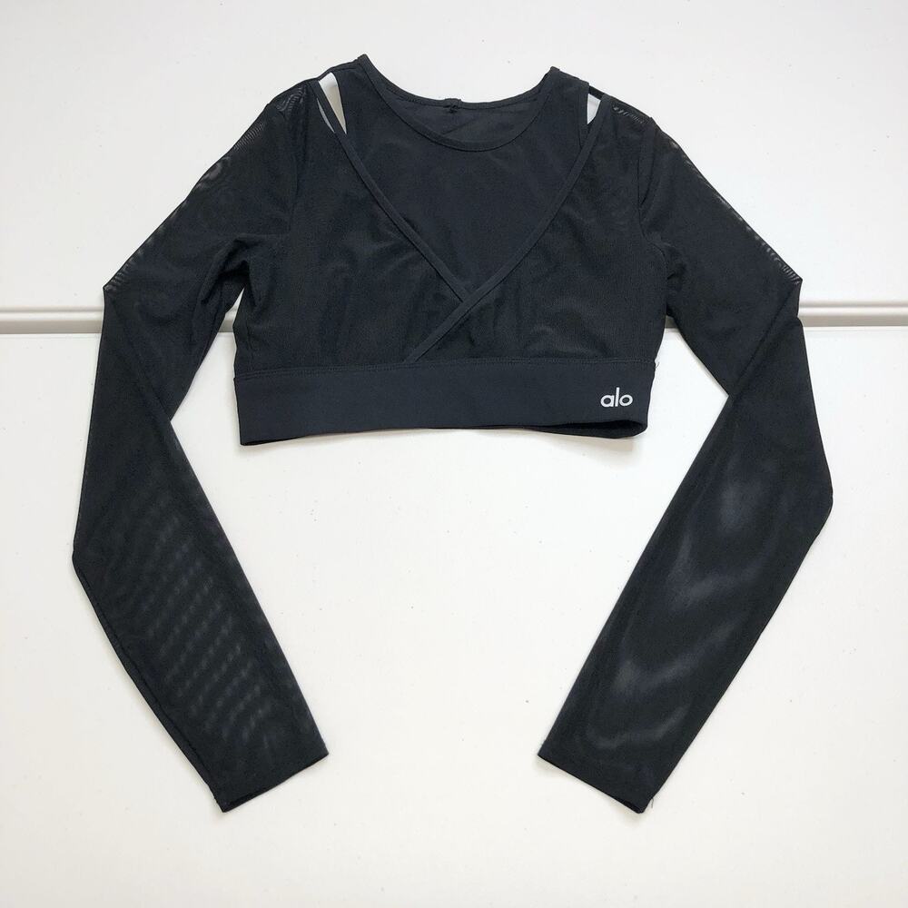 Alo Yoga Pivot Layered Long Sleeve Top Cropped Mesh Size Small Black